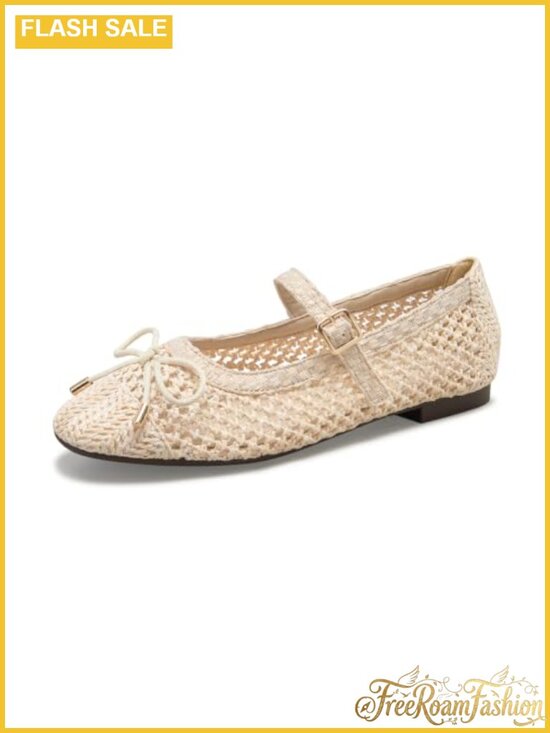 Shoes - Womens Woven Mary Jane Flats Square Toe Raffia Ballet Buckle Strap Cushioned